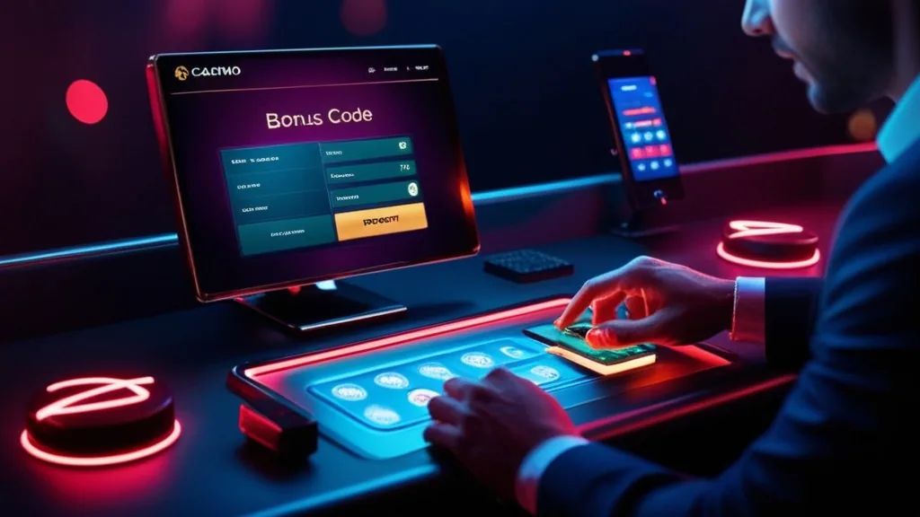 Player entering a bonus code during casino sign-up on a glowing cashier screen