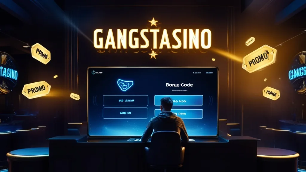 Player checking a bonus code form in a neon-lit casino lobby