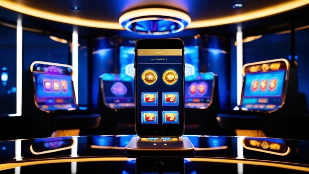 Smartphone showing a casino app lobby in a dark neon casino setting