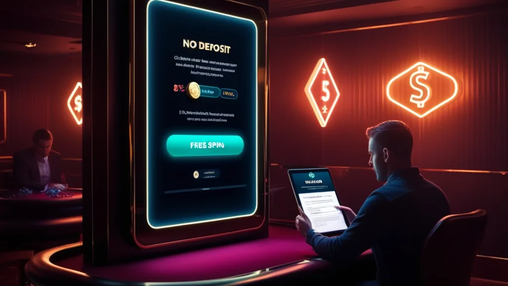 Casino player reviewing a no deposit bonus screen and terms