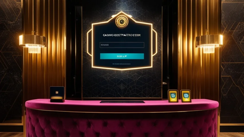 A casino sign-up form glowing above a dark registration desk.