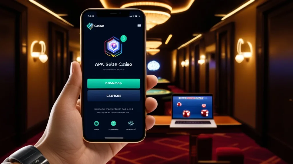 Hand holding a phone with an APK download page in a neon casino setting