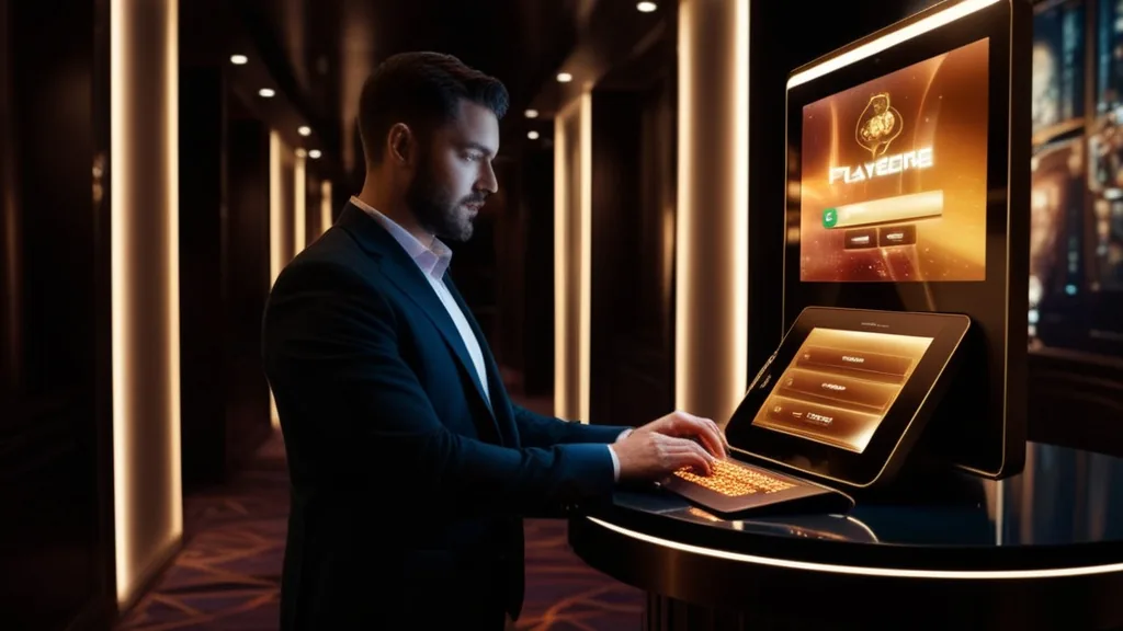A glowing casino login screen in a dark neon-lit corridor.