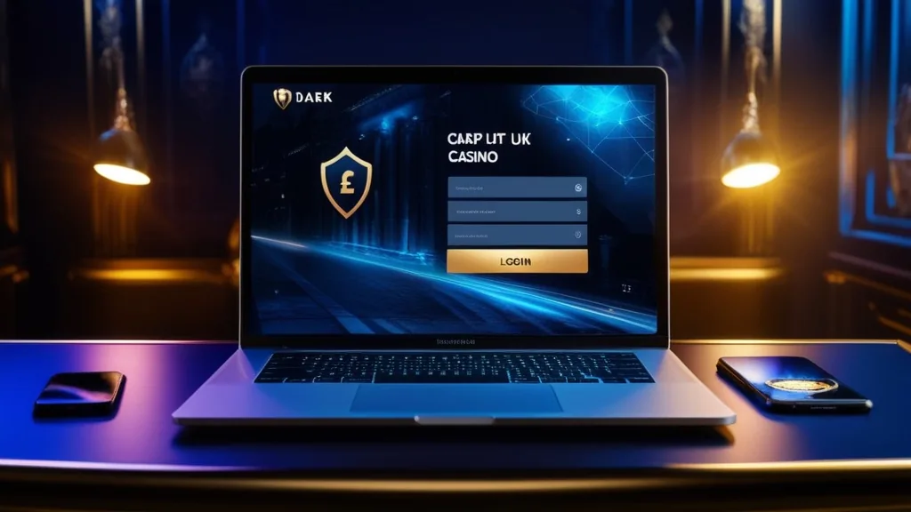 A UK-focused casino login screen on laptop and phone.