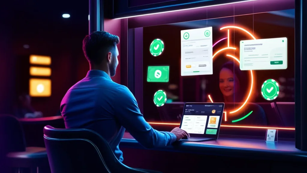 Verified player reviewing withdrawal documents at a dark casino cashier